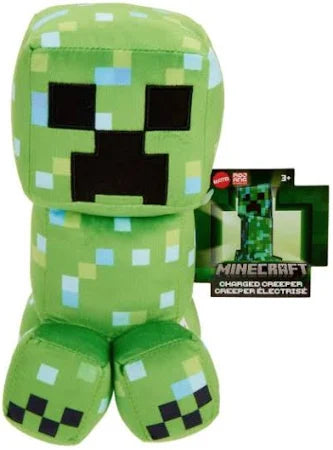 Green Minecraft creeper plush toy with packaging on a white background
