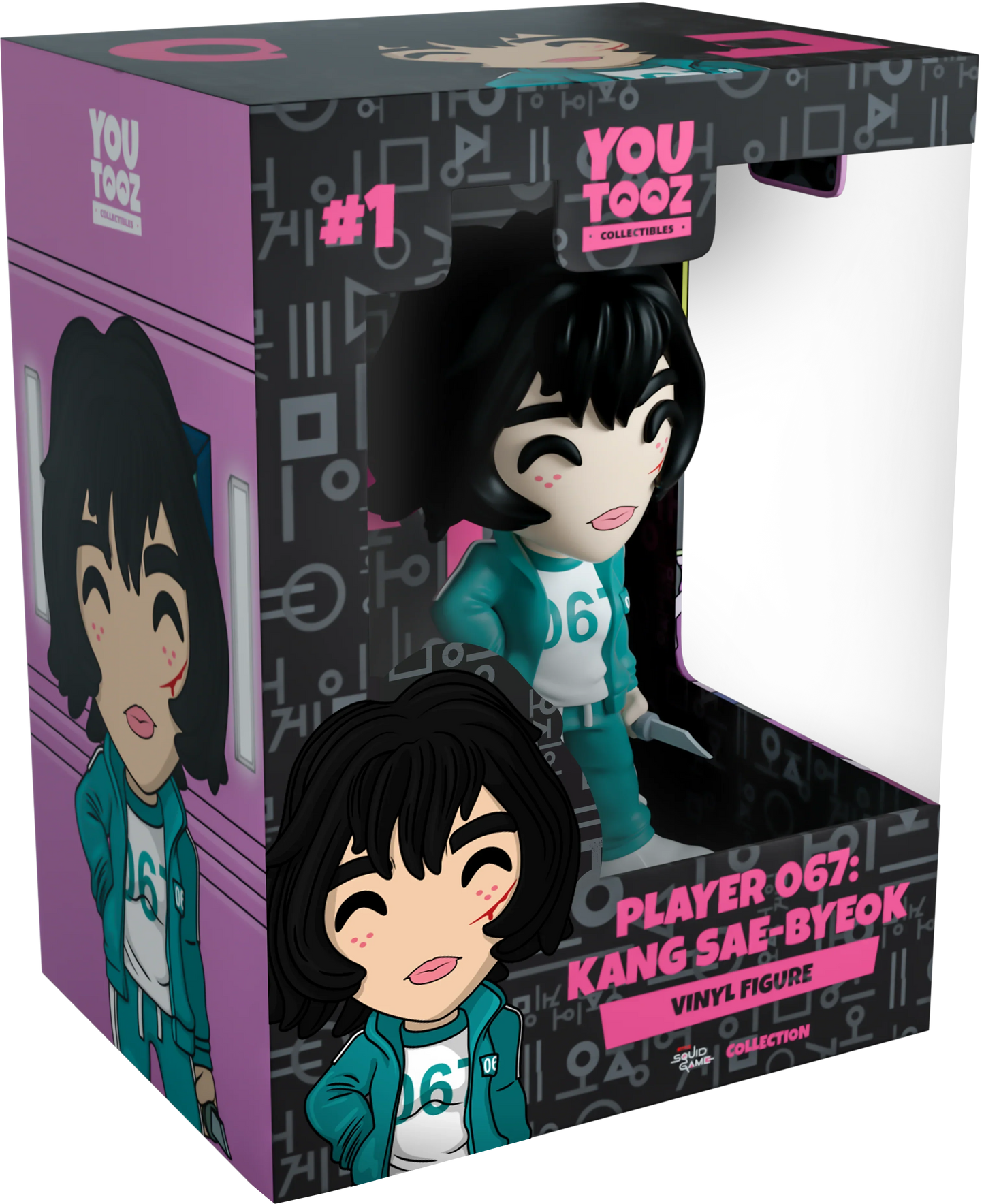 Boxed vinyl figure of Kang Sae-Byeok, Player 067 from YouTooz with character illustration on packaging.