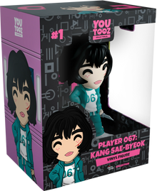 Boxed vinyl figure of Kang Sae-Byeok, Player 067 from YouTooz with character illustration on packaging.