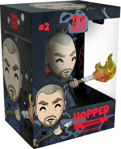 Boxed vinyl figure of a character named Hopper with a flaming weapon, featuring the YouToyz branding.