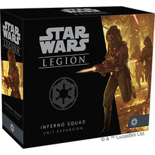 Star Wars Legion Inferno Squad unit expansion box with characters holding lightsabers on a black background.
