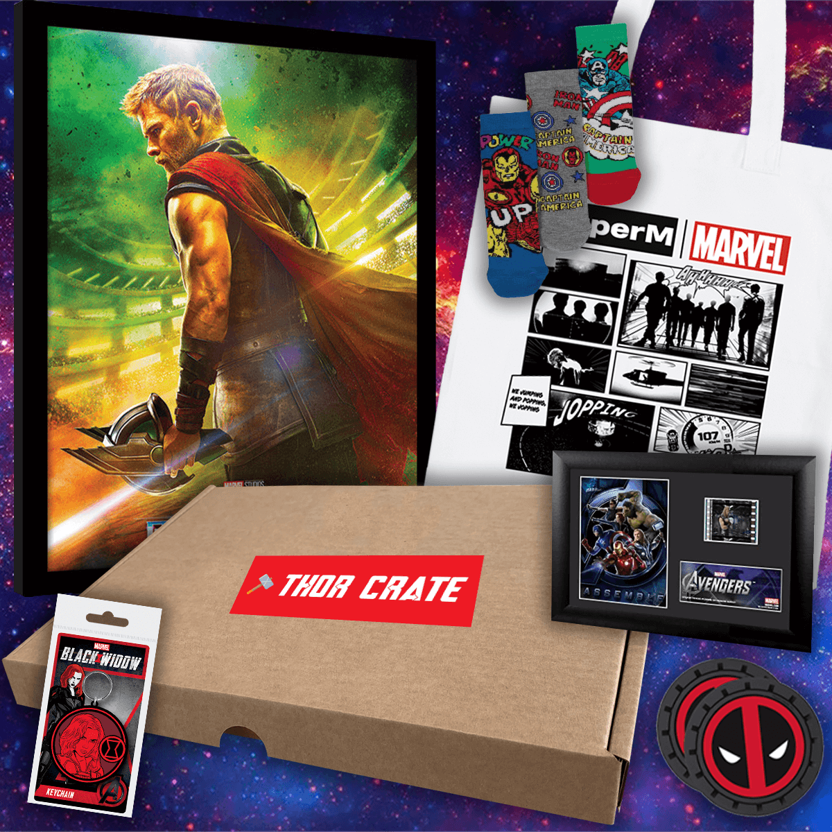 Thor Crate with Marvel-themed items including a poster, socks, and collectibles on a colorful background.