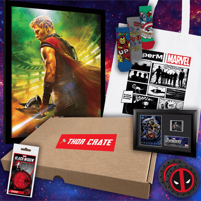Thor Crate with Marvel-themed items including a poster, socks, and collectibles on a colorful background.