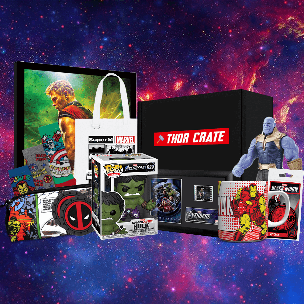 Thor Crate with Marvel-themed items against a cosmic background