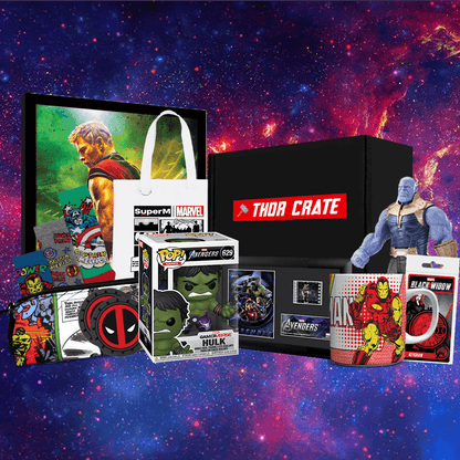 Thor Crate with Marvel-themed items against a cosmic background