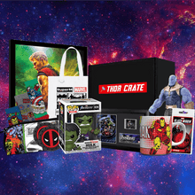 Thor Crate with Marvel-themed items against a cosmic background