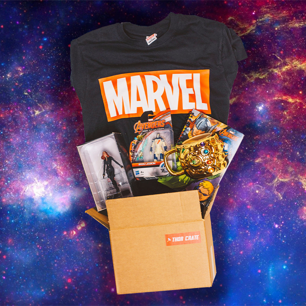 Marvel-themed t-shirt with collectibles on a cosmic background