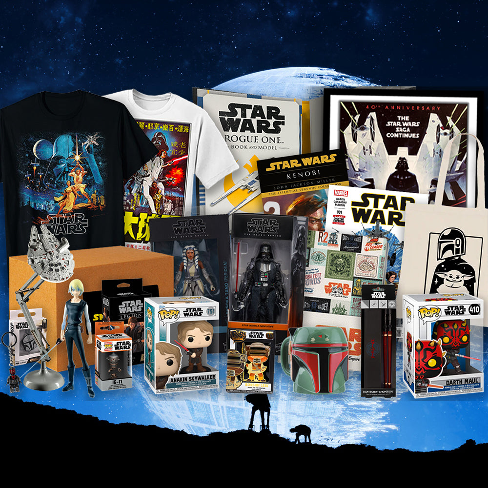 Collection of Star Wars merchandise including toys, t-shirts, and posters against a space-themed background.