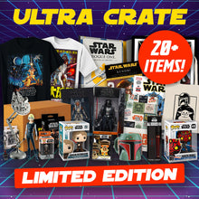 Collection of Star Wars merchandise including t-shirts, action figures, and collectibles with 'Ultra Crate' branding.