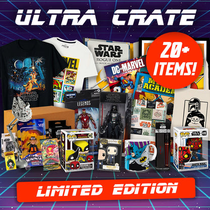 Ultra Crate limited edition box with various collectibles including t-shirts, figures, and toys on a retro-themed background.