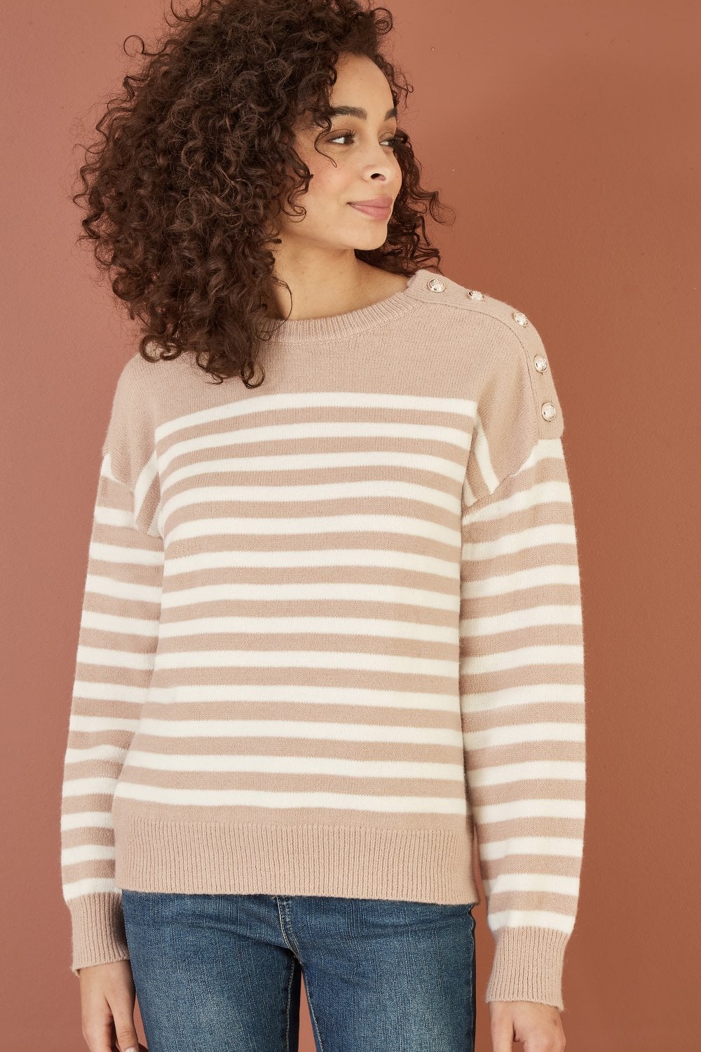 Beige Stripe Knitted Relaxed Jumper With Button Details