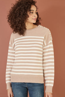 Beige Stripe Knitted Relaxed Jumper With Button Details