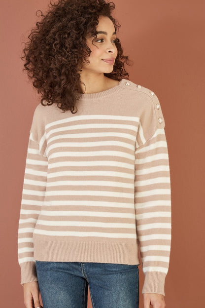 Beige Stripe Knitted Relaxed Jumper With Button Details