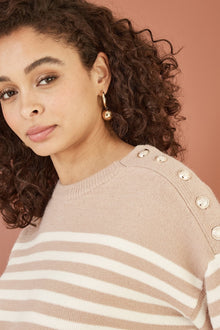 Beige Stripe Knitted Relaxed Jumper With Button Details