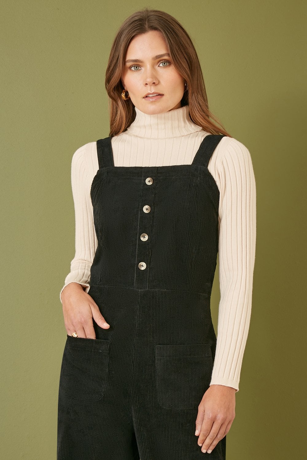 Black Cord Stretch Dungaree Style Jumpsuit
