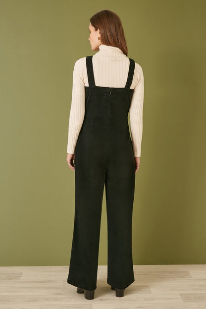 Black Cord Stretch Dungaree Style Jumpsuit