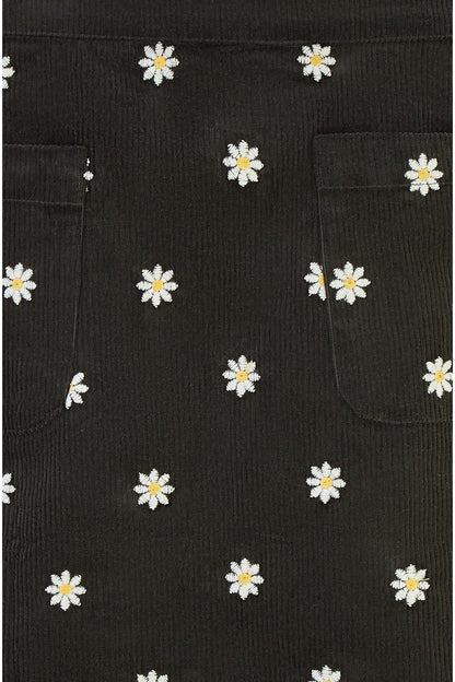 Black Corduroy Embroidered Daisy Mini Skirt