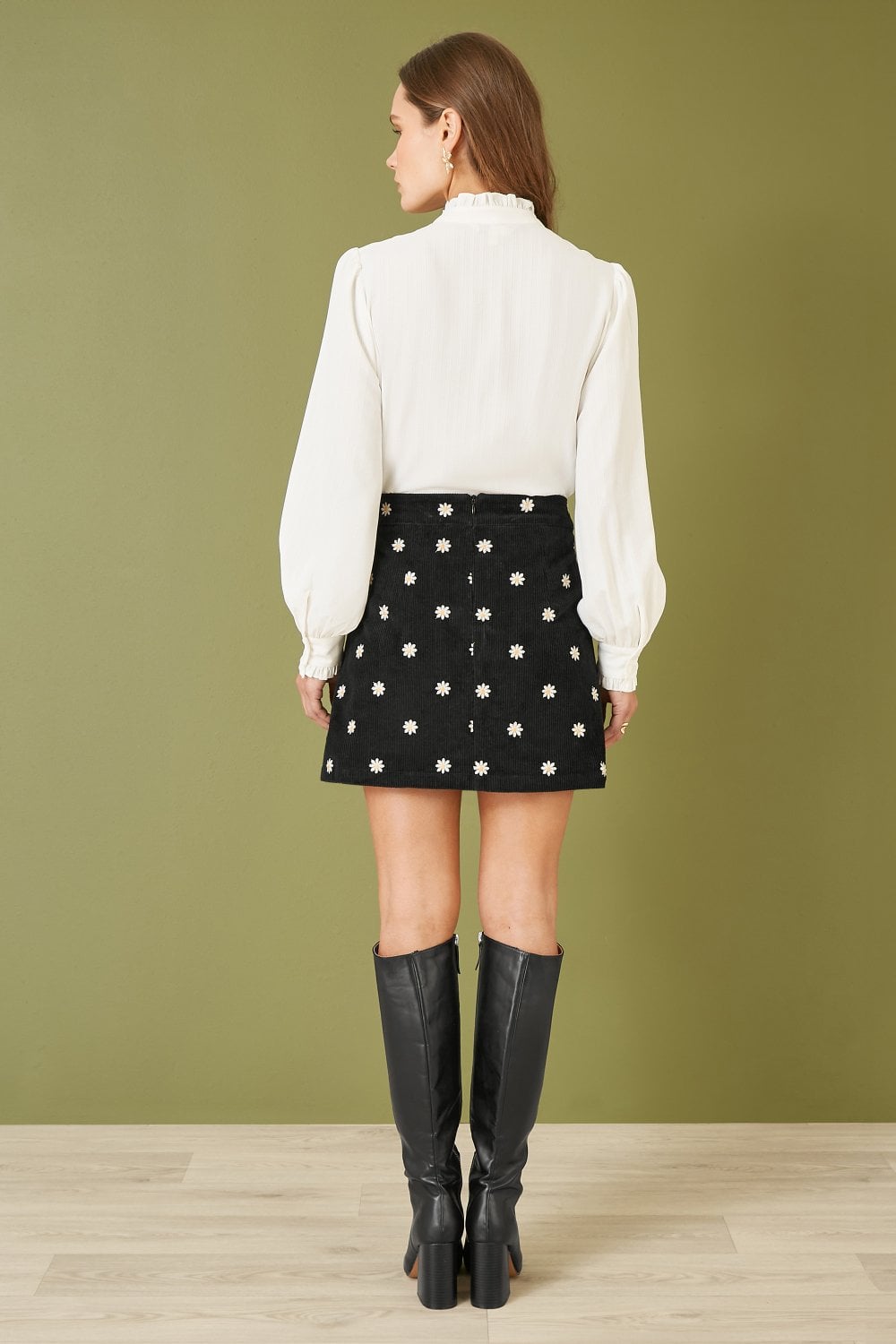 Black Corduroy Embroidered Daisy Mini Skirt