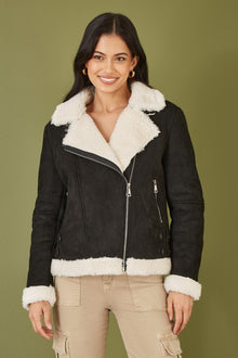 Black Faux Suede And Shearling Biker Jacket