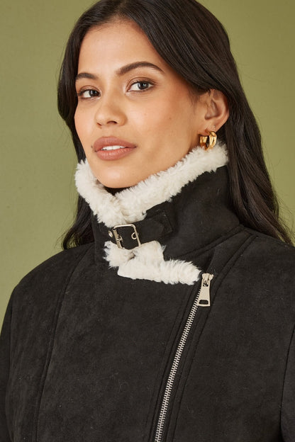 Black Faux Suede And Shearling Biker Jacket