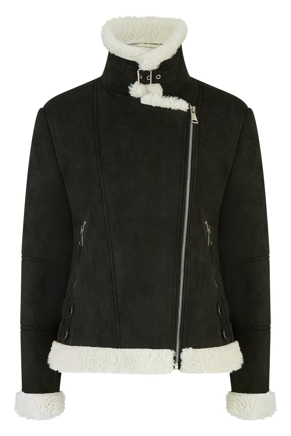 Black Faux Suede And Shearling Biker Jacket