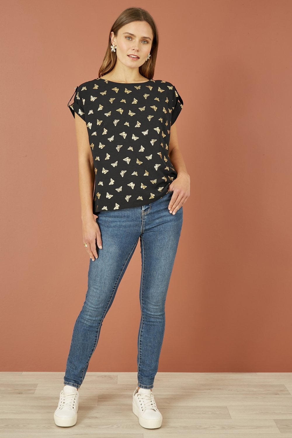 Black Foil Butterfly Print Top
