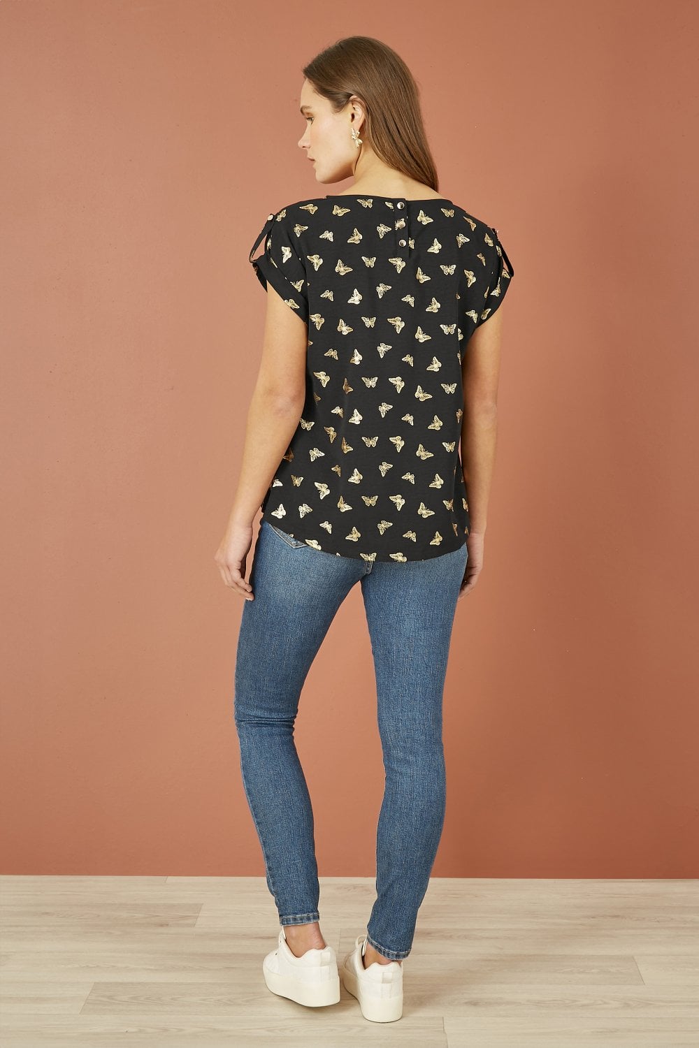 Black Foil Butterfly Print Top
