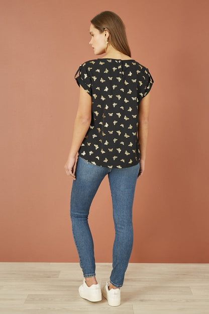 Black Foil Butterfly Print Top