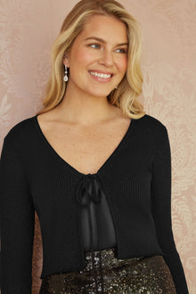Black Metallic Knitted Ribbed Tie Front Bolero