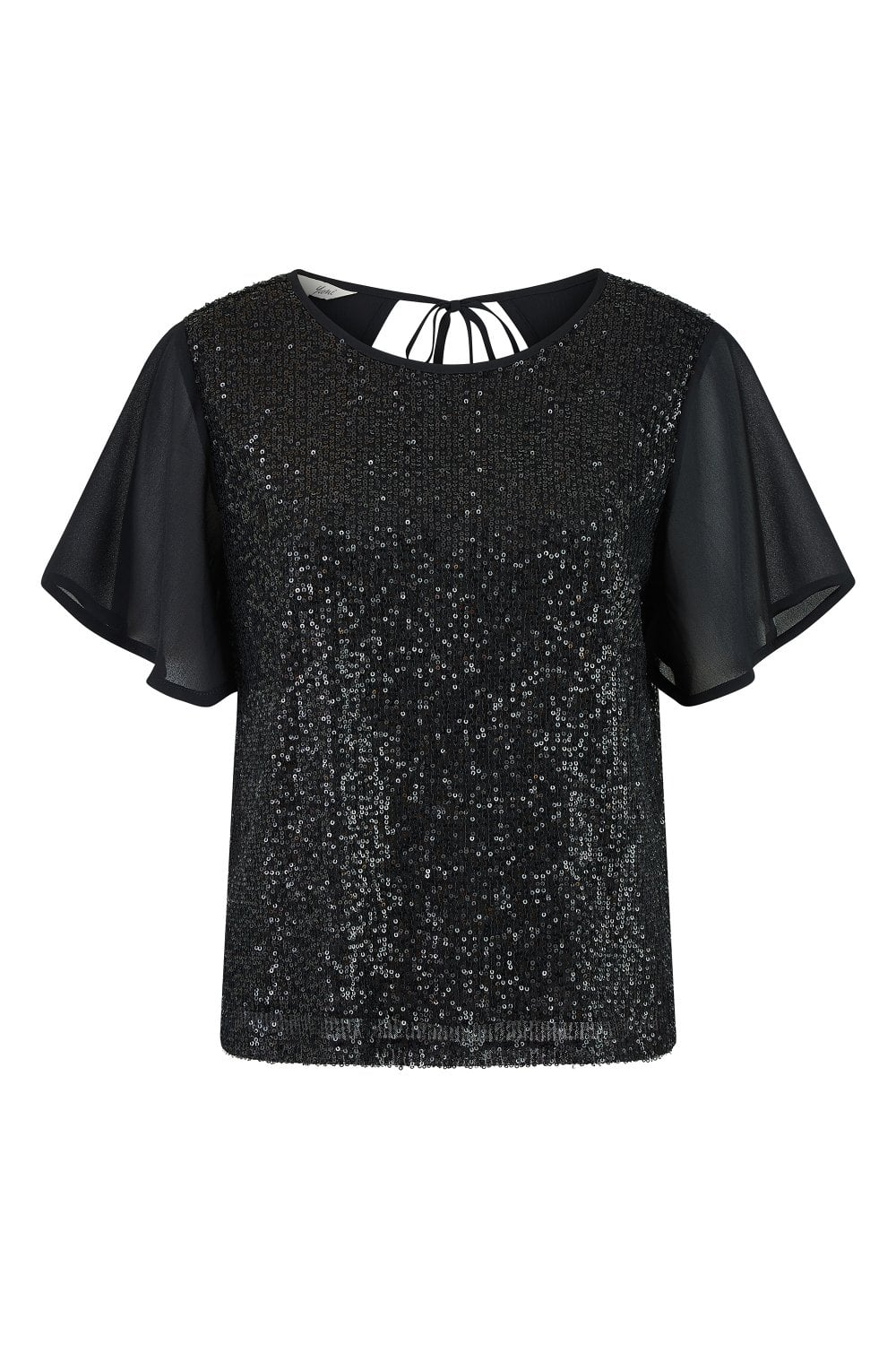 Black Sequin Top With Sheer Sleeves And Cut Out Back