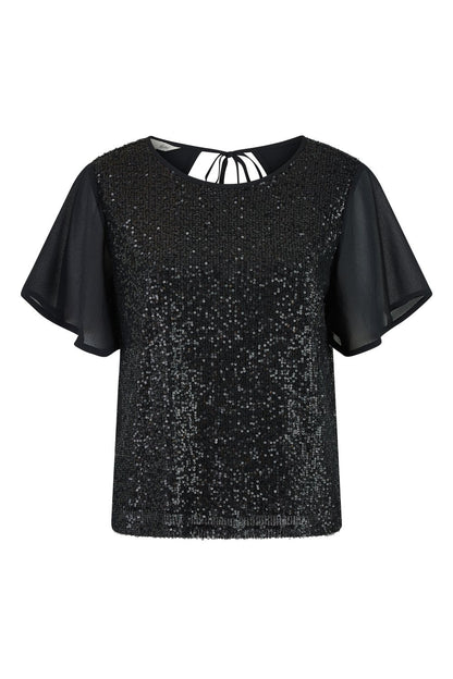 Black Sequin Top With Sheer Sleeves And Cut Out Back