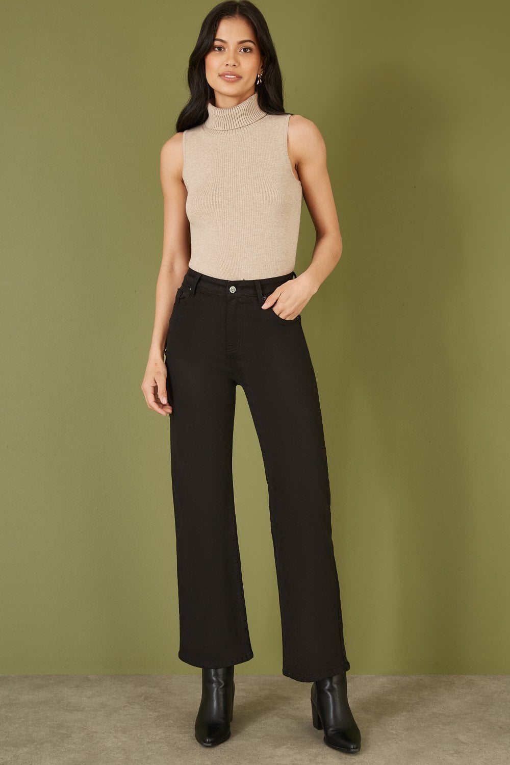 Black Stretch Canvas Wide Leg High Waist Jeans