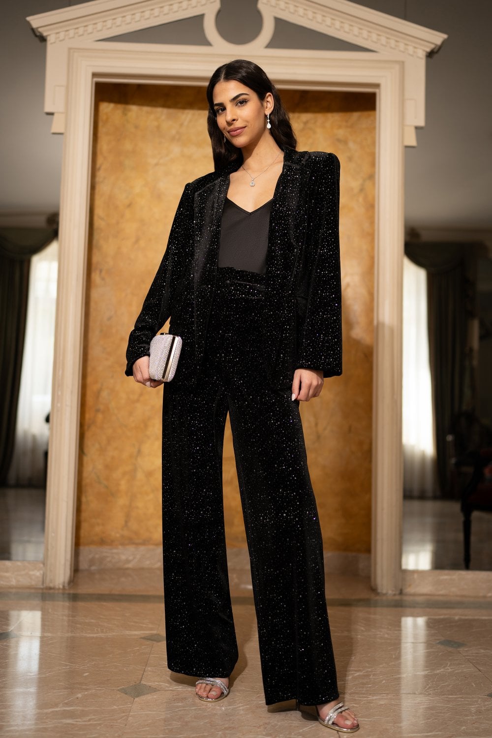 Black Velvet Sparkle Wide Leg Trousers