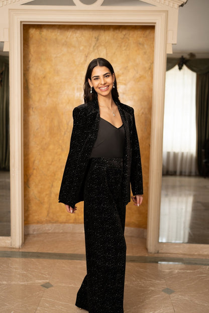 Black Velvet Sparkle Wide Leg Trousers