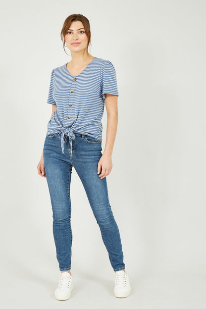 Blue Striped Jersey Button Detail Top