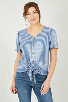 Blue Striped Jersey Button Detail Top