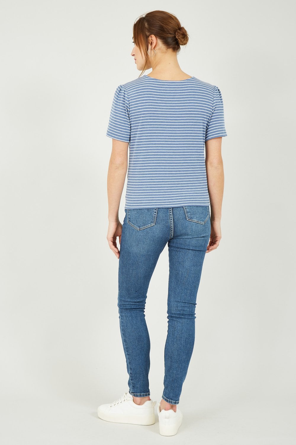 Blue Striped Jersey Button Detail Top