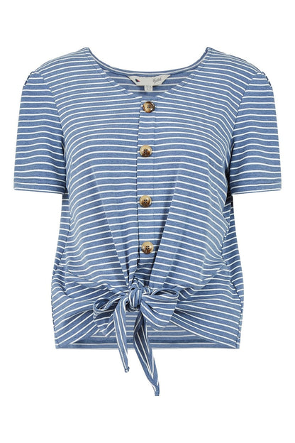 Blue Striped Jersey Button Detail Top