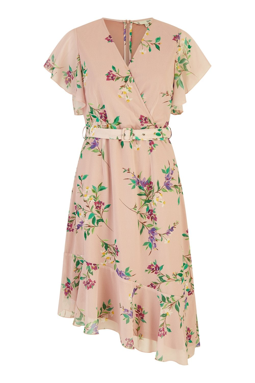 Blush Wrap Over Midi Dress With Frill Details And Matching Belt