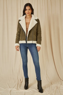 Green Faux Suede And Shearling Biker Jacket