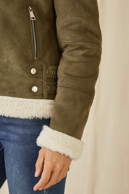 Green Faux Suede And Shearling Biker Jacket