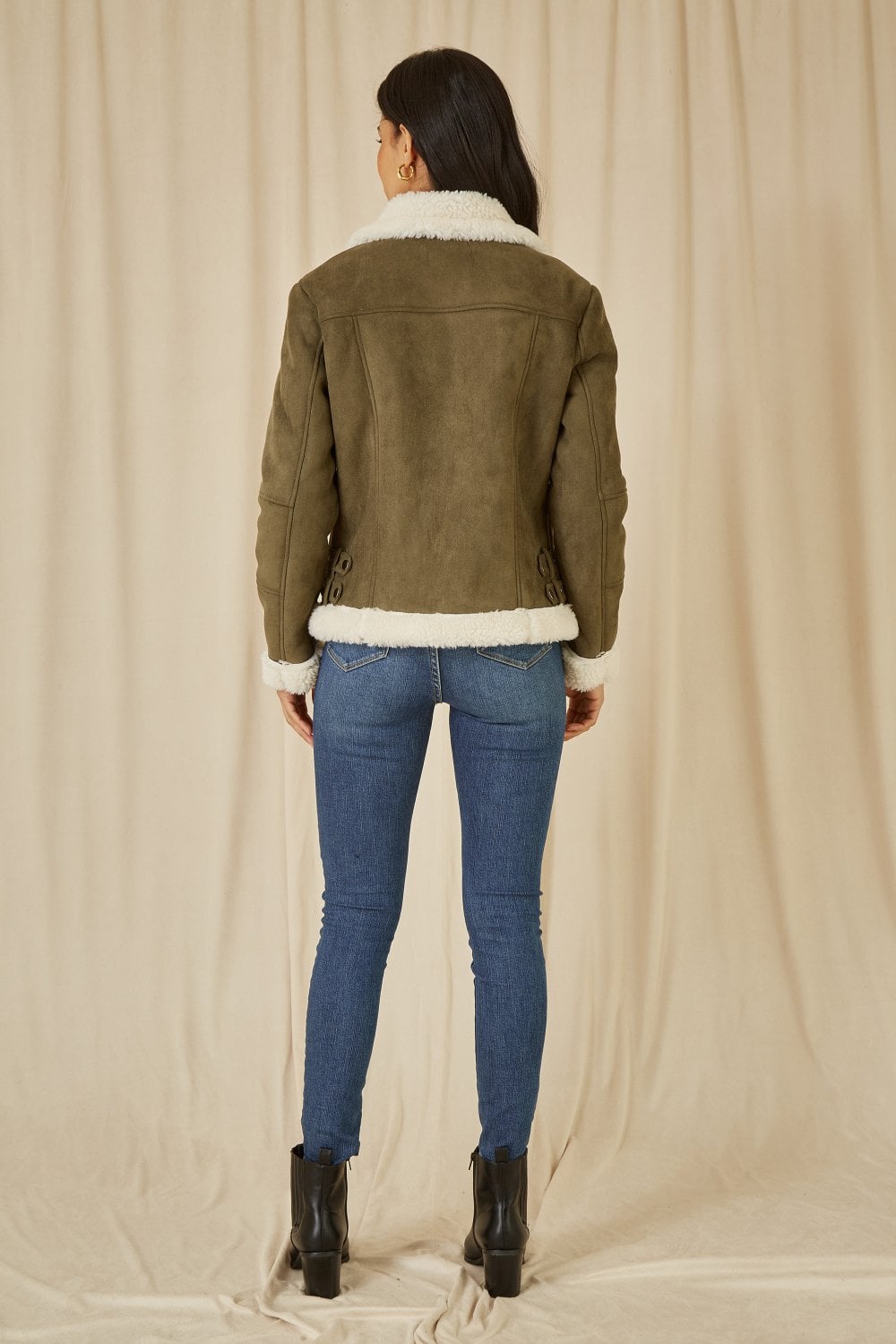 Green Faux Suede And Shearling Biker Jacket