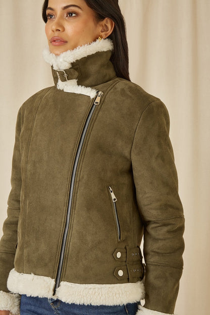 Green Faux Suede And Shearling Biker Jacket
