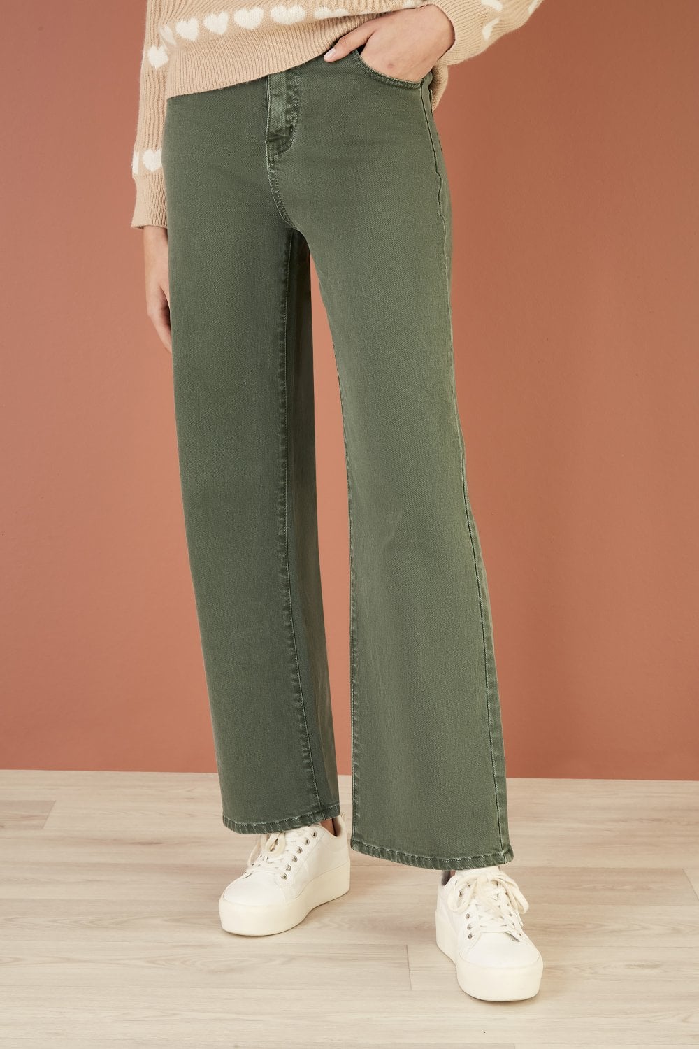 Green Stretch Canvas Wide Leg High Waist Jeans