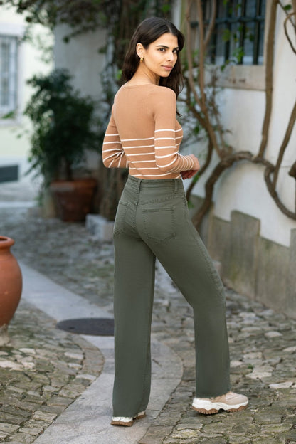 Green Stretch Canvas Wide Leg High Waist Jeans