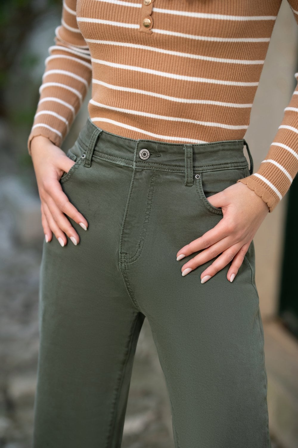 Green Stretch Canvas Wide Leg High Waist Jeans