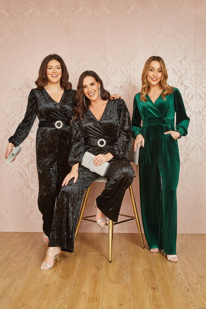 Green Velvet Long Sleeve Jumpsuit