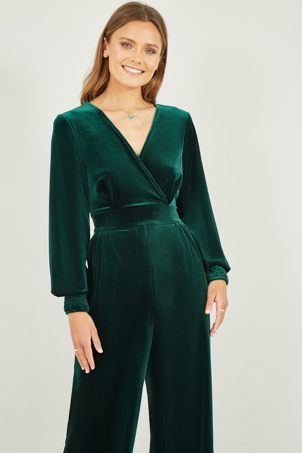 Green Velvet Long Sleeve Jumpsuit