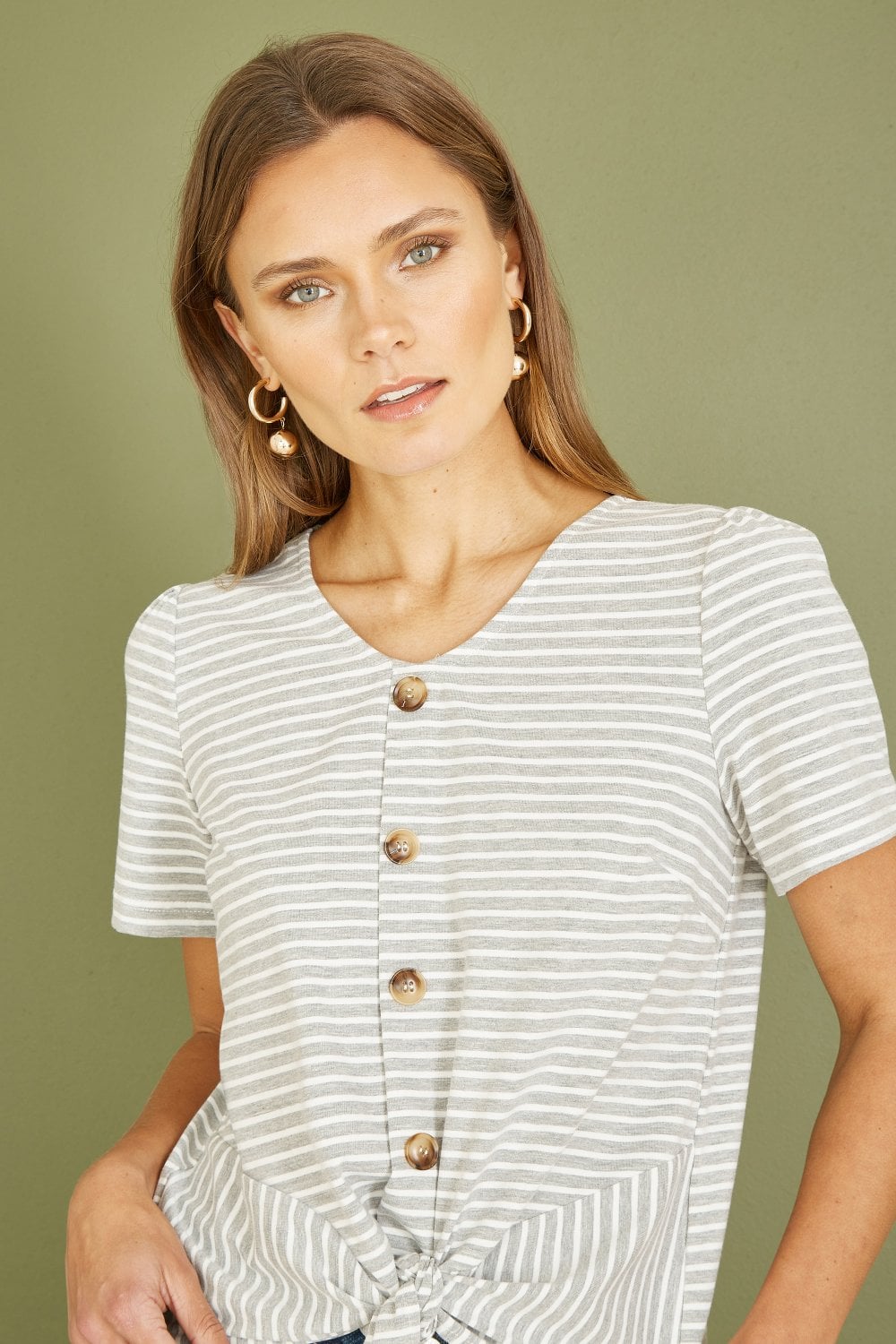 Grey Striped Jersey Button Detail Top