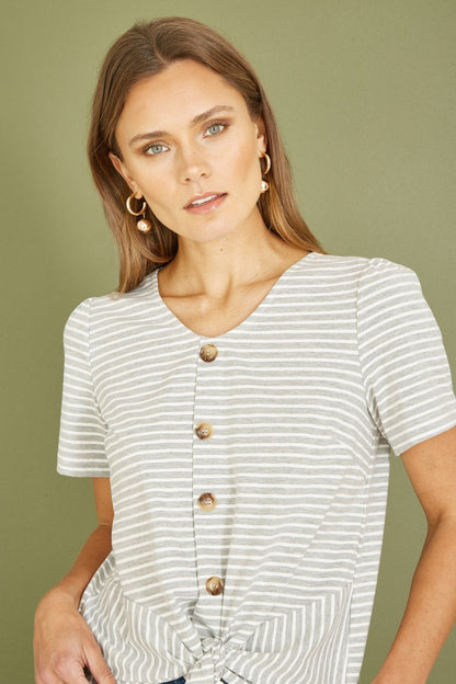 Grey Striped Jersey Button Detail Top
